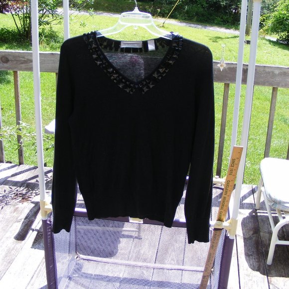 Liz Claiborne Sweaters - Ladies Size L Fancy Black Sweater with Rhinestone Sets Top by Liz Claiborne
